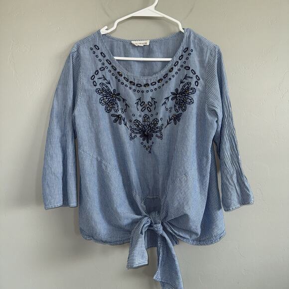 Sky and Sand Tops - Sky and Sand Womens Tie Front Tunic Blouse Size M 3/4 Sleeve Embroidered Blue